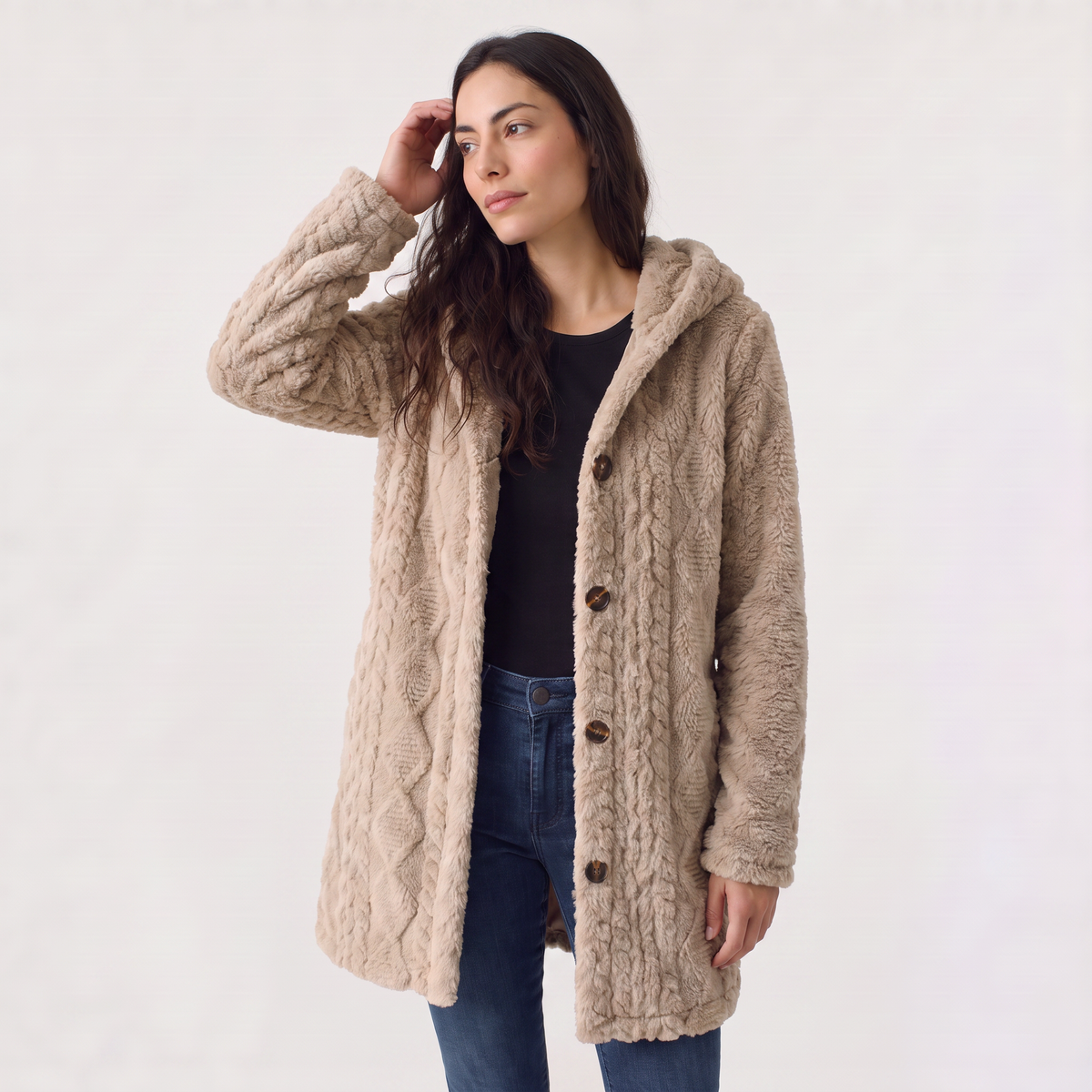 Women's Longline Teddy Hooded Cardigan