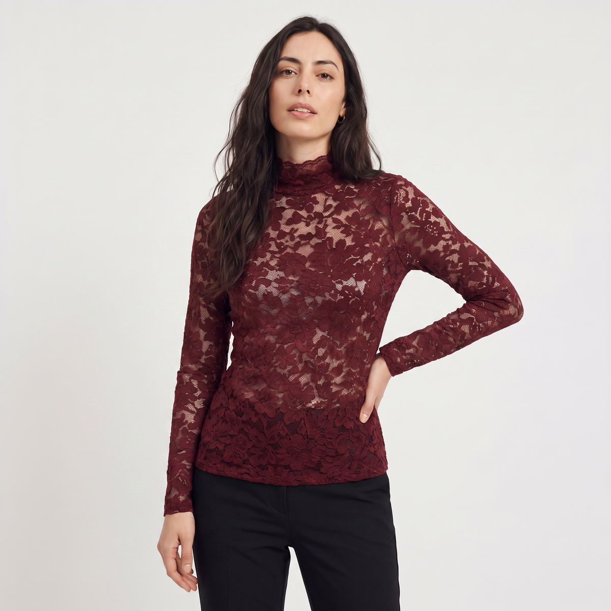 Bellevey women's lace mock neck long sleeve blouse