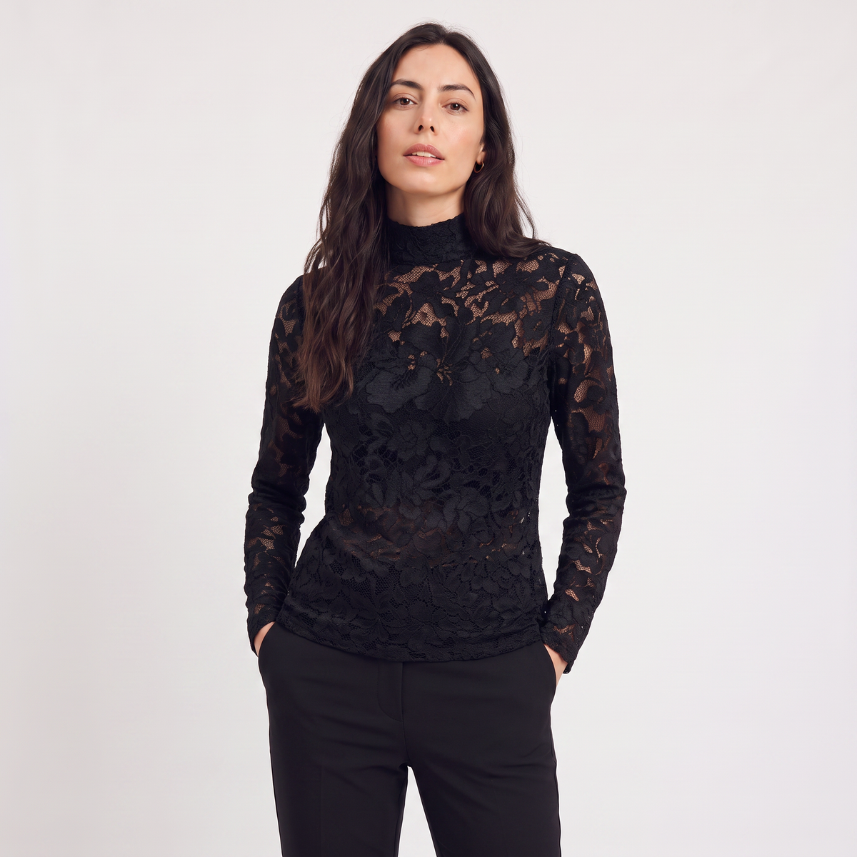 Bellevey women's lace mock neck long sleeve blouse
