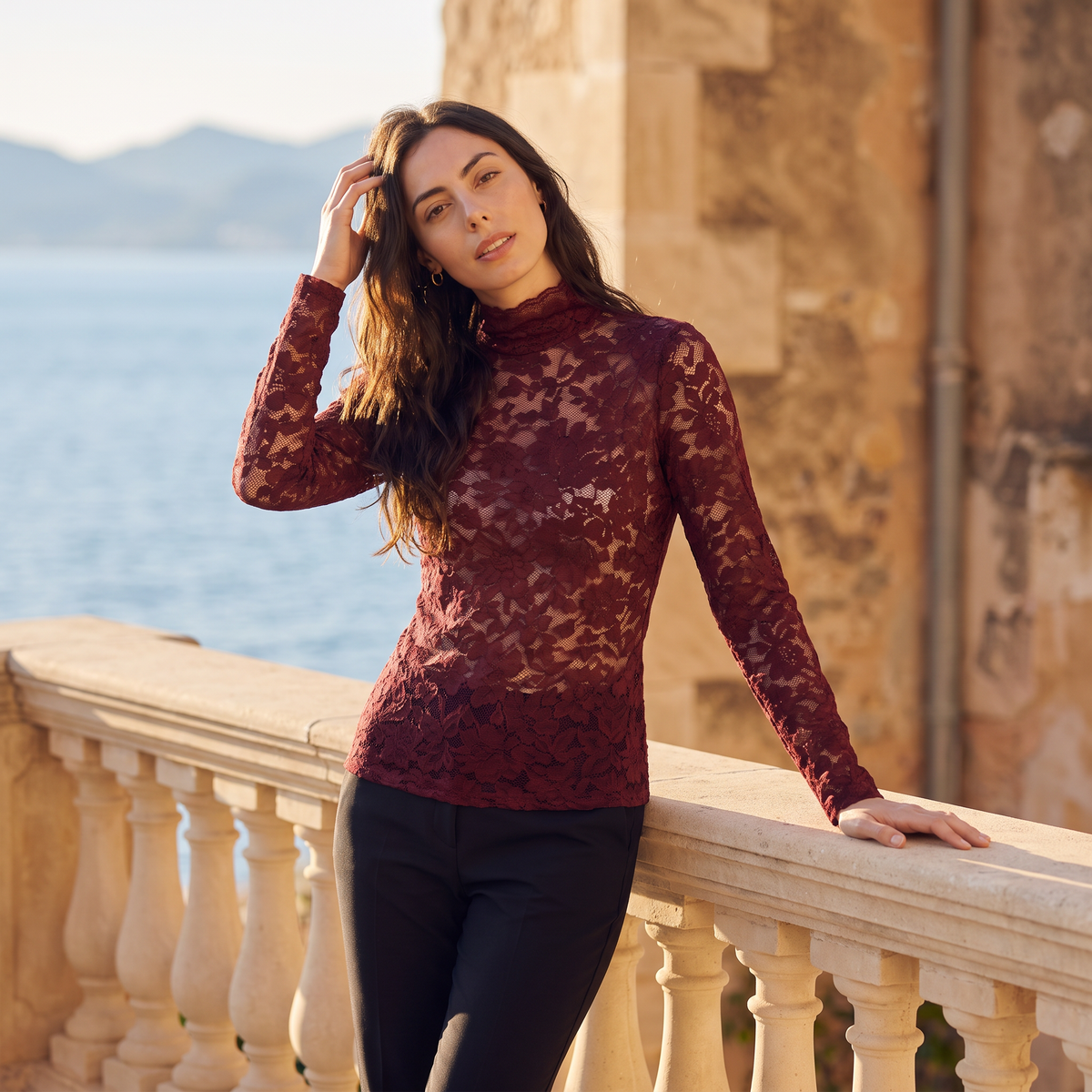 Bellevey women's lace mock neck long sleeve blouse