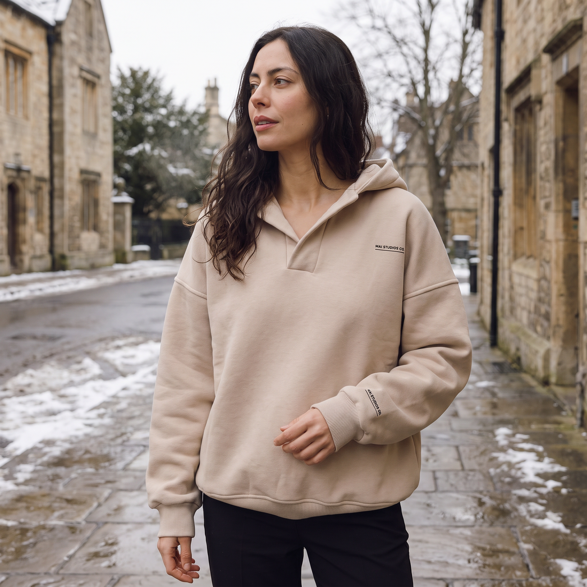 Women's Oversized V Neck Hooded Jumper