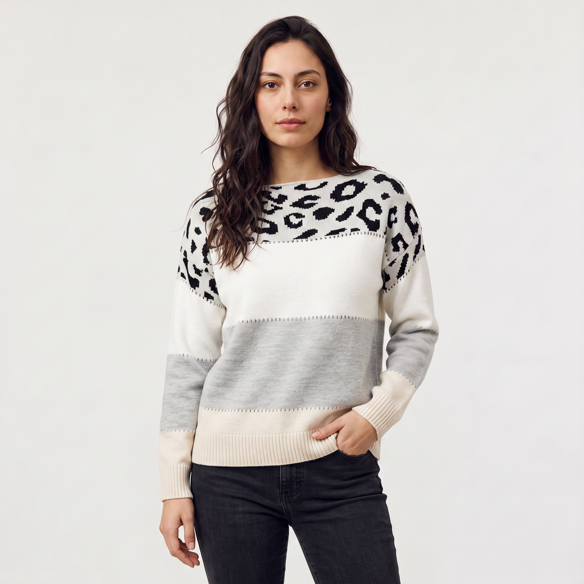 Women's Leopard Colour Block Knit Jumper