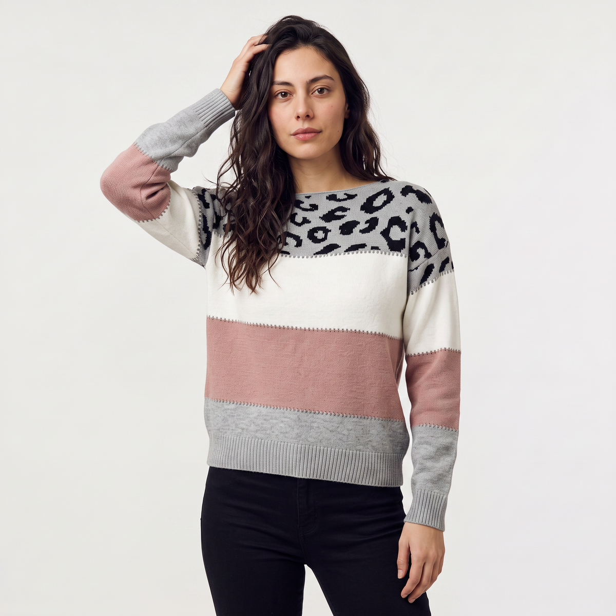 Women's Leopard Colour Block Knit Jumper