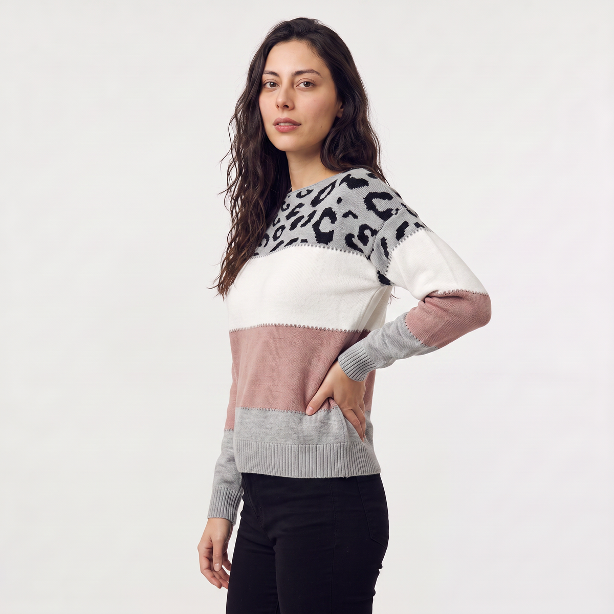 Women's Leopard Colour Block Knit Jumper