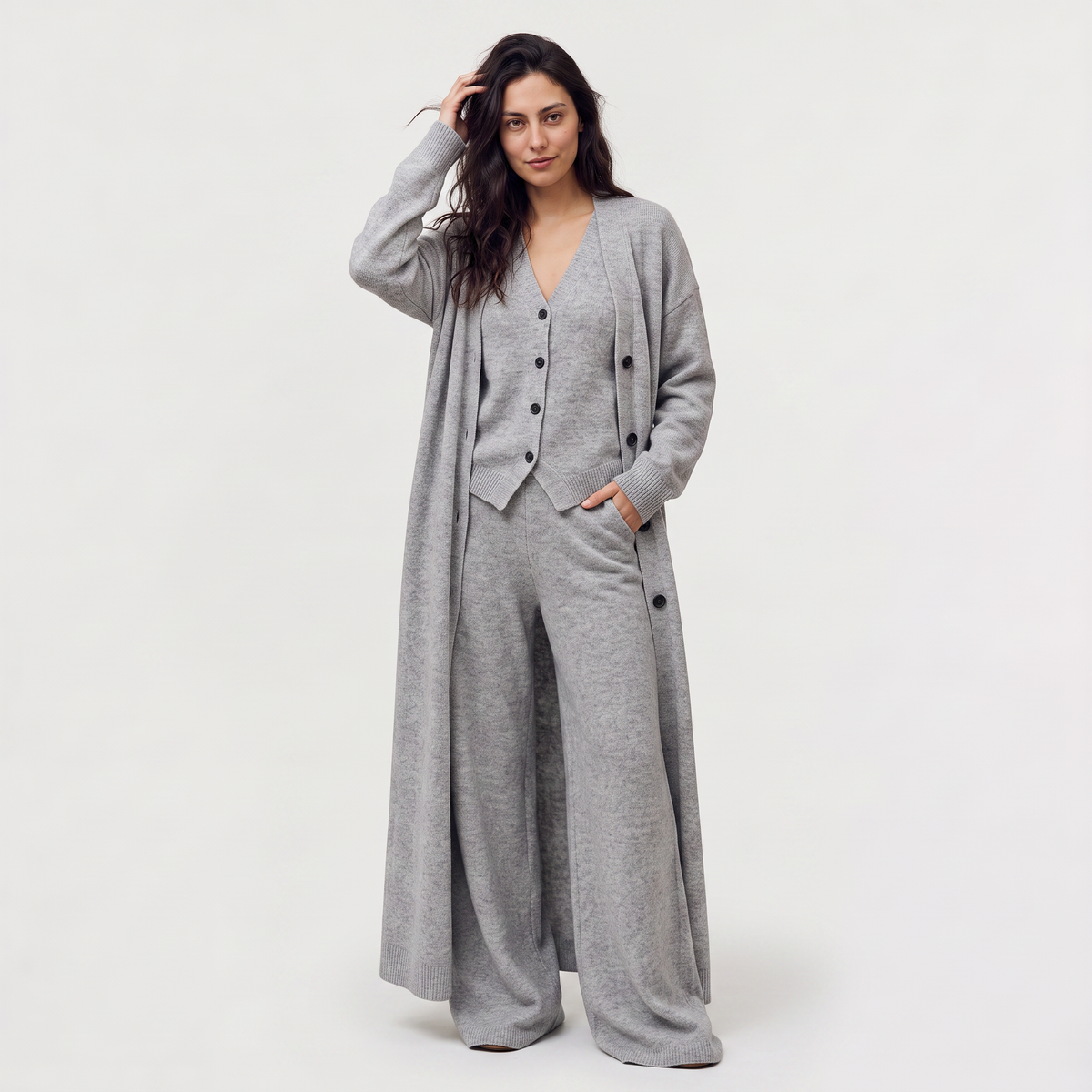 Bellevey women's knit cardigan vest and wide-leg trousers set