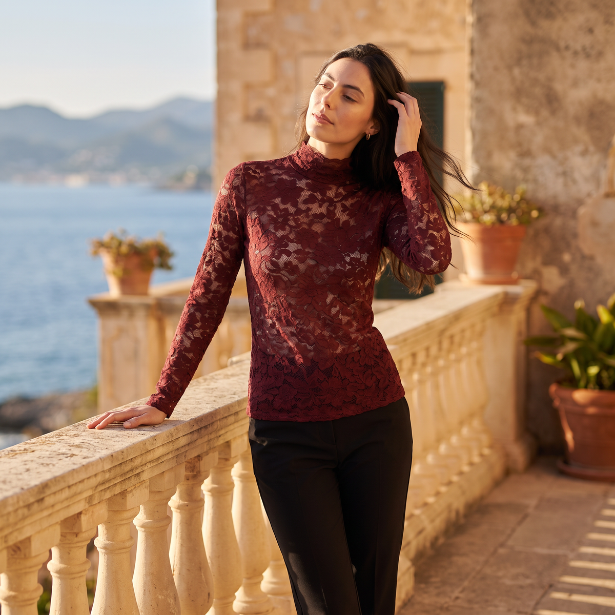 Bellevey women's lace mock neck long sleeve blouse